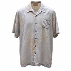 Tommy Bahama Men's Camp Shirt Palm XXL Cream 100% Silk Button Up Short Sleeve